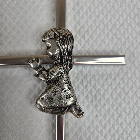 Vintage Silver Cross Praying Girl Wall Hanging Religious 6" Catholic First Commu - Picture 5 of 5